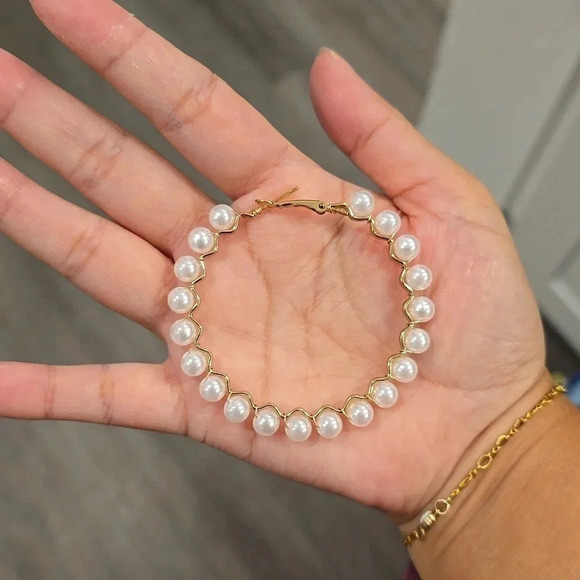 Gold Plated Faux Pearl Large Size Hoop Earrings - Picture 3 of 3